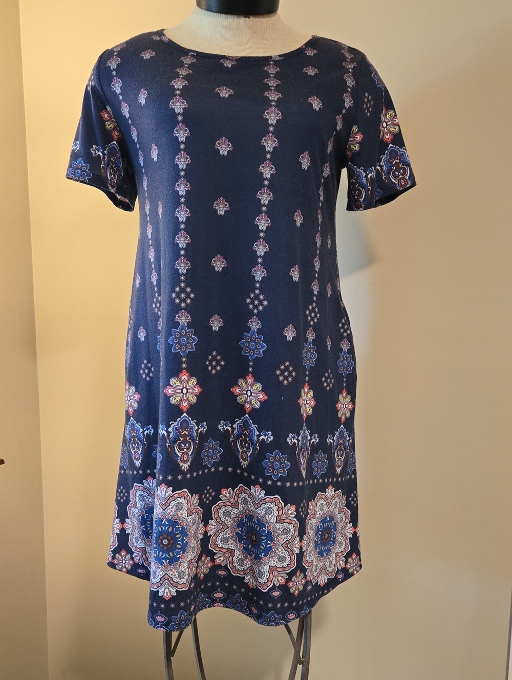 Navy Floral Border Short-Sleeve Dress